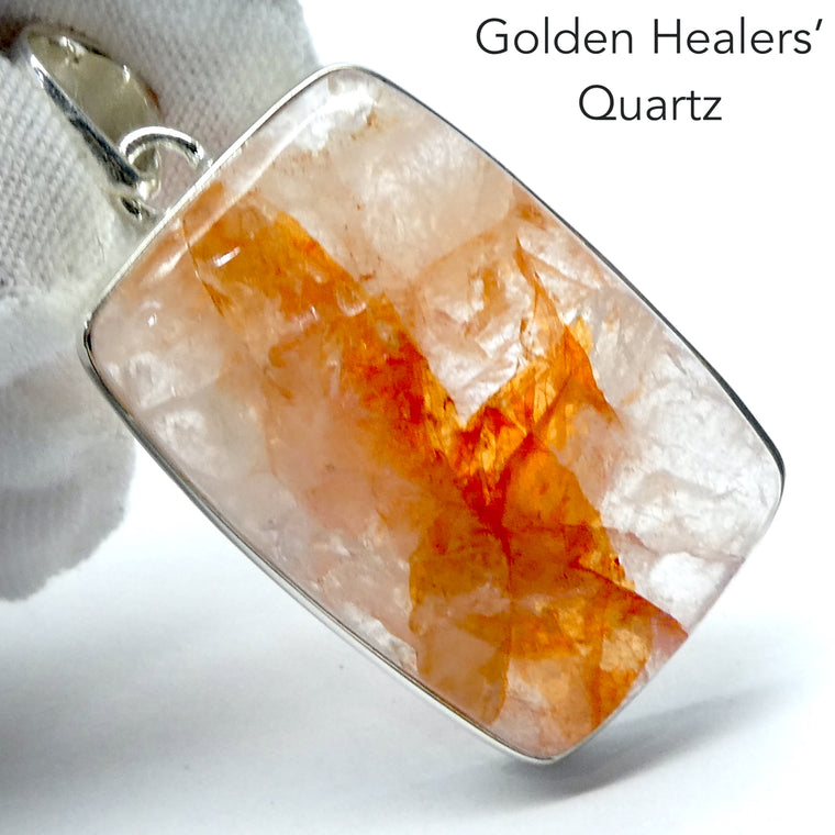 Golden Healers Quartz Pendant, Oblong Cabochon, 925 Silver, r3