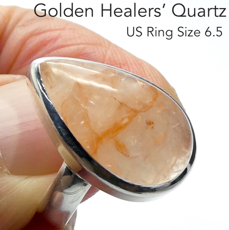 Golden Healers Quartz Ring, Teardrop Cabochon, 925 Silver, r2