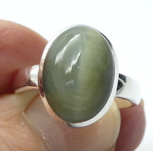 Load image into Gallery viewer, Cat&#39;s Eye Chrysoberyl Ring | Green Grey Stone | 925 Sterling Silver | Simple well made setting | Bezel Set | Open Back | Energise | Protect | Focus Thought | Positive | Genuine Gems from Crystal Heart Melbourne Australia since 1986