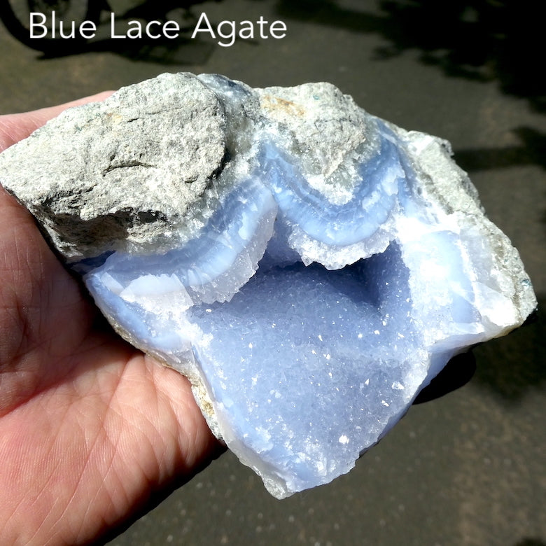 Blue Lace Agate Geode Specimen  | Cave with shimmering Crystals | Malawi | Throat Chakra | Empower clear Communication and expression | Meditation | Genuine Stones from Crystal Heart Melbourne Australia since 1986