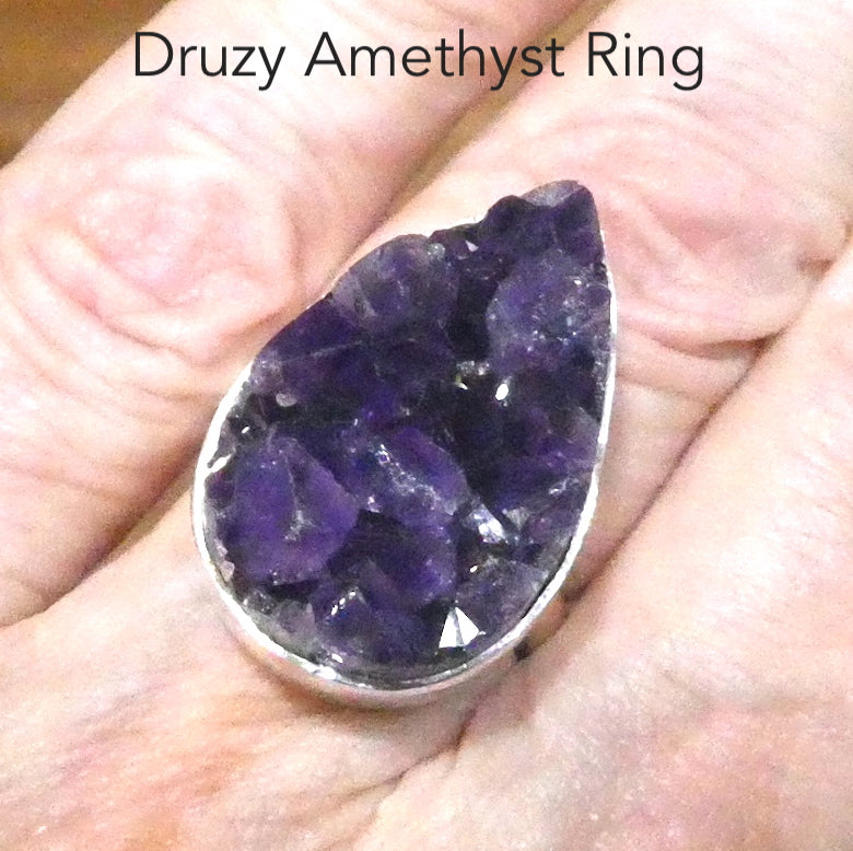 Amethyst Ring | Raw Cluster Uruguayan Purple | Teardrop shape | Bezel Set in 925 Silver | US Size adjustable 7 to 8 | Genuine Gems from Crystal Heart Melbourne Australia since 1986