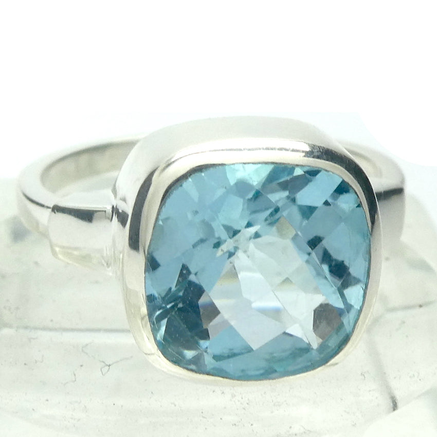 Blue Topaz  Ring | Flawless Faceted Square | Domed Checkerboard cut  | Sky to Swiss  Blue | 925 Sterling Silver | US Size 7 | AUS Size N1/2 | Genuine Gems from Crystal Heart Melbourne Australia since 1986