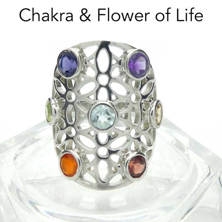 Chakra Ring, Flower of Life with 7 Faceted Gems, 925 Silver