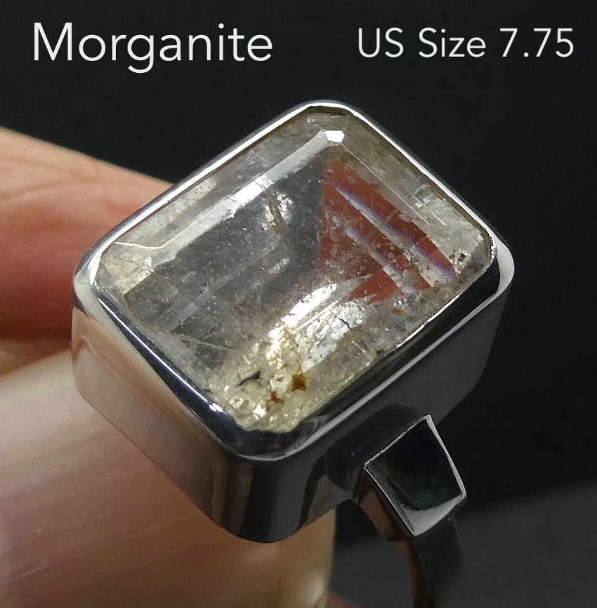 Morganite Ring | Large Faceted Oblong | Pink Beryl | Good Color &Translucency | 925 Sterling Silver | Besel Set | Comfy Curved Bezel | US Size 7.75 | AUS Size P | Divine Love | Libra Stone | Genuine Gems from Crystal Heart Melbourne Australia since 1986