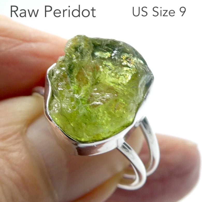 Peridot Ring | Raw Uncut Nugger | Gem Quality | 925 Sterling Silver | Bezel Set |  Open Back | Double Band | US Size 9 | AUS Size R1/2 | Genuine Gems from Crystal Heart Melbourne Australia since 1986