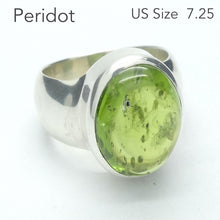 Load image into Gallery viewer, Peridot Ring | Oval Cabochon | 925 Sterling Silver| Besel set | Generous Band | 95% Silver | US Size 7.25 | AUS Size O | Superbly Handcrafted Ancient Style not out of place in Ancient Rome | Overcome nervous tension | Joyful Heart | Genuine gems from Crystal Heart Melbourne Australia since 1986