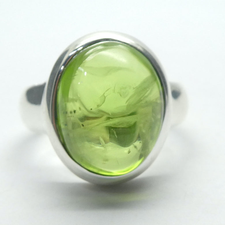 Peridot Ring | Oval Cabochon | 925 Sterling Silver| Besel set | Generous Band | 95% Silver | US Size 7.5 | AUS Size O1/2 | Superbly Handcrafted Ancient Style not out of place in Ancient Rome | Overcome nervous tension | Joyful Heart | Genuine gems from Crystal Heart Melbourne Australia since 1986