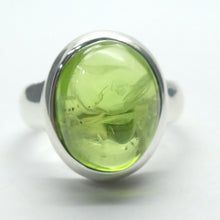 Load image into Gallery viewer, Peridot Ring | Oval Cabochon | 925 Sterling Silver| Besel set | Generous Band | 95% Silver | US Size 7.5 | AUS Size O1/2 | Superbly Handcrafted Ancient Style not out of place in Ancient Rome | Overcome nervous tension | Joyful Heart | Genuine gems from Crystal Heart Melbourne Australia since 1986