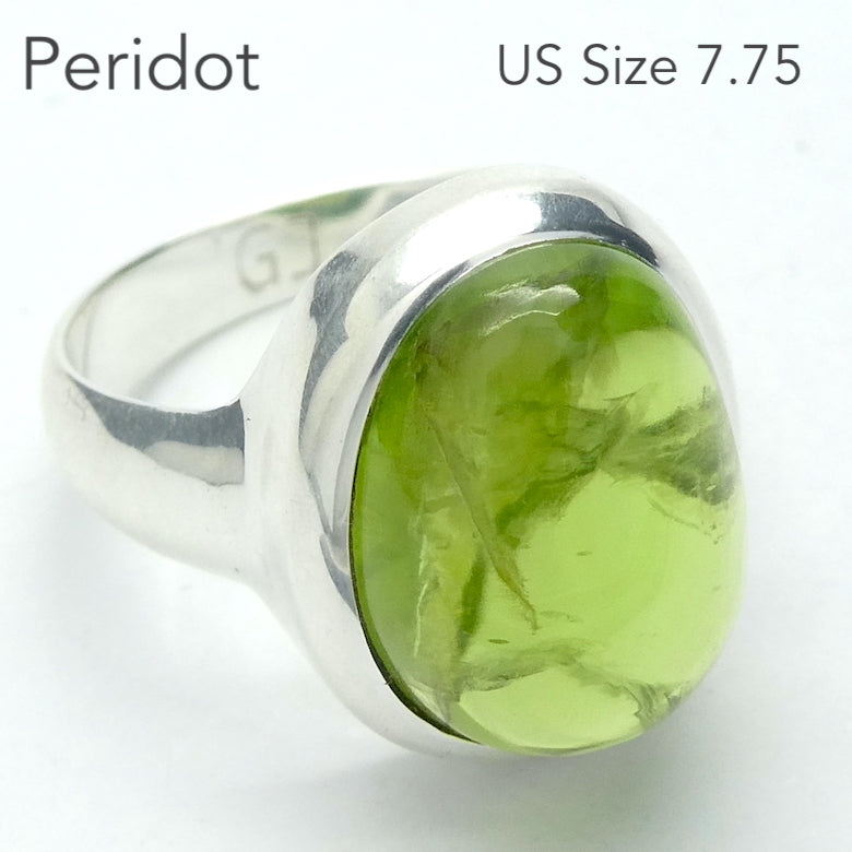 Peridot Ring | Oval Cabochon | 925 Sterling Silver| Besel set | Generous Band | 95% Silver | US Size 7.75 | AUS Size P | Superbly Handcrafted Ancient Style not out of place in Ancient Rome | Overcome nervous tension | Joyful Heart | Genuine gems from Crystal Heart Melbourne Australia since 1986
