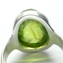 Load image into Gallery viewer, Peridot Ring | Oval Cabochon | 925 Sterling Silver| Besel set | Generous Band | 95% Silver | US Size 7.75 | AUS Size P | Superbly Handcrafted Ancient Style not out of place in Ancient Rome | Overcome nervous tension | Joyful Heart | Genuine gems from Crystal Heart Melbourne Australia since 1986