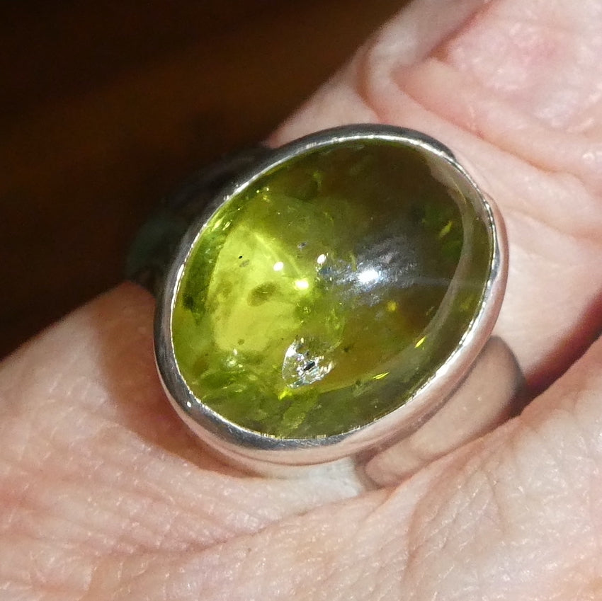 Peridot Ring | Oval Cabochon | 925 Sterling Silver| Besel set | Generous Band | 95% Silver | US Size 7.25 | AUS Size O | Superbly Handcrafted Ancient Style not out of place in Ancient Rome | Overcome nervous tension | Joyful Heart | Genuine gems from Crystal Heart Melbourne Australia since 1986