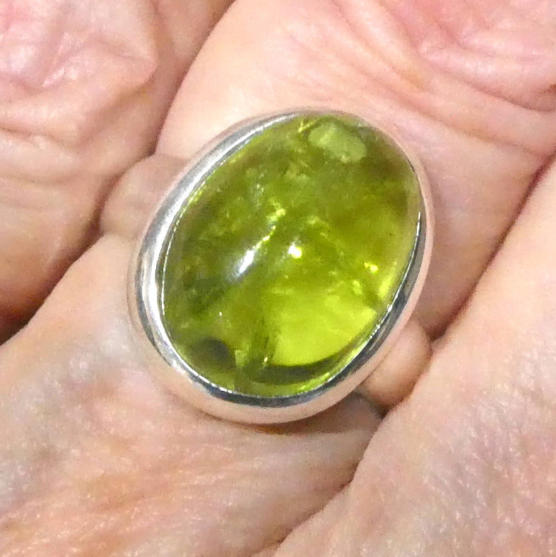 Peridot Ring | Oval Cabochon | 925 Sterling Silver| Besel set | Generous Band | 95% Silver | US Size 7.75 | AUS Size P | Superbly Handcrafted Ancient Style not out of place in Ancient Rome | Overcome nervous tension | Joyful Heart | Genuine gems from Crystal Heart Melbourne Australia since 1986