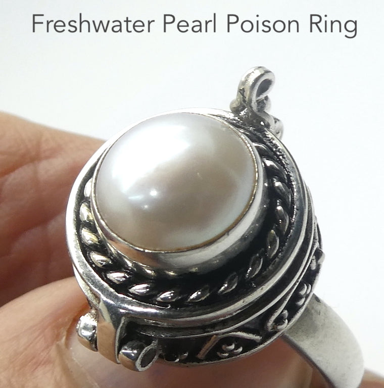 Pearl Poison Ring, Secret Compartment, 925 Silver