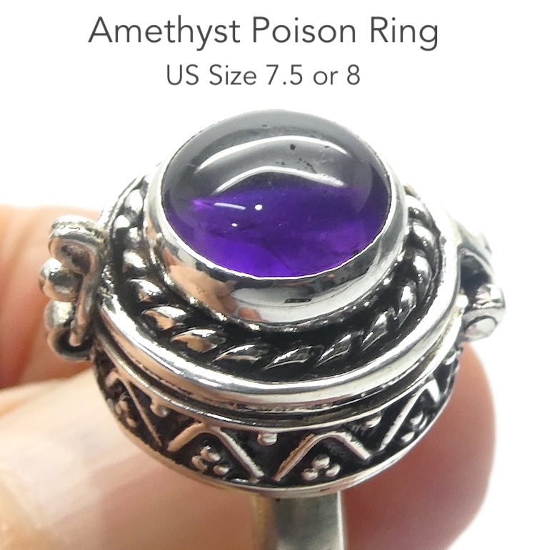 Amethyst Ring | Poison Ring with Secret Compartment | 925 Sterling Silver | Ornate Silver Antique look | US Size 7 | AUS Size N1/2 | Us Size 8 | Cancer Libra Scorpio | Genuine Gems from Crystal Heart Melbourne Australia since 1986