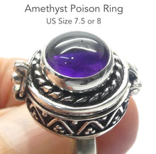 Load image into Gallery viewer, Amethyst Ring | Poison Ring with Secret Compartment | 925 Sterling Silver | Ornate Silver Antique look | US Size 7 | AUS Size N1/2 | Us Size 8 | Cancer Libra Scorpio | Genuine Gems from Crystal Heart Melbourne Australia since 1986