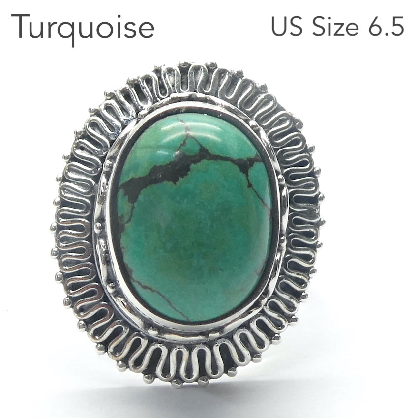 Turquoise Ring | Mongolian | relatively hard greenish blue with black veining | 925 Sterling Silver | Sun Ray Silver Border | US Size 6.5 |  AUS Size M1/2 | Robin's Egg Blue | Bezel Setting | open back  | Genuine Gems from Crystal Heart Melbourne since 1986