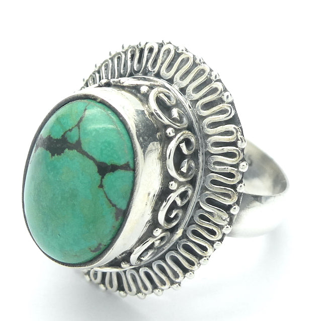 Turquoise Ring | Mongolian | relatively hard greenish blue with black veining | 925 Sterling Silver | Sun Ray Silver Border | US Size 6.5 |  AUS Size M1/2 | Robin's Egg Blue | Bezel Setting | open back  | Genuine Gems from Crystal Heart Melbourne since 1986