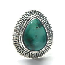 Load image into Gallery viewer, Turquoise Ring | Mongolian | Nice greenish blue | Teardrop Cabochon | 925 Sterling Silver | Wide Sun Ray Silver Border | Bezel Setting | open back | US Size 9.5 |  AUS Size S1/2 | Genuine Gems from Crystal Heart Melbourne since 1986
