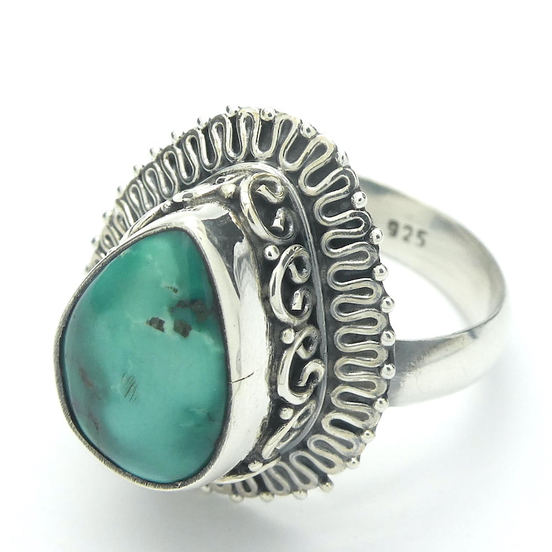 Turquoise Ring | Mongolian | Nice greenish blue | Teardrop Cabochon | 925 Sterling Silver | Wide Sun Ray Silver Border | Bezel Setting | open back | US Size 9.5 |  AUS Size S1/2 | Genuine Gems from Crystal Heart Melbourne since 1986