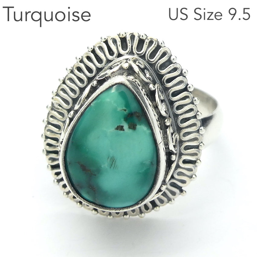 Turquoise Ring | Mongolian | Nice greenish blue | Teardrop Cabochon | 925 Sterling Silver | Wide Sun Ray Silver Border | Bezel Setting | open back | US Size 9.5 |  AUS Size S1/2 | Genuine Gems from Crystal Heart Melbourne since 1986