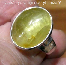 Load image into Gallery viewer, Cat&#39;s Eye Chrysoberyl Ring | Bright Yellow with hint of Green  | 925 Sterling Silver | Simple well made setting | Bezel Set | Open Back | US Size 9 | AUD Size LR1/2 | Energise | Protect | Focus Thought | Positive | Genuine Gems from Crystal Heart Melbourne Australia since 1986