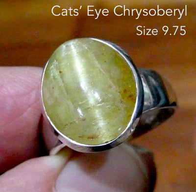 Cat's Eye Chrysoberyl Ring | Bright Yellow with hint of Green  | 925 Sterling Silver | Simple well made setting | Bezel Set | Open Back | US Size 9.75 | AUD Size V | Energise | Protect | Focus Thought | Positive | Genuine Gems from Crystal Heart Melbourne Australia since 1986
