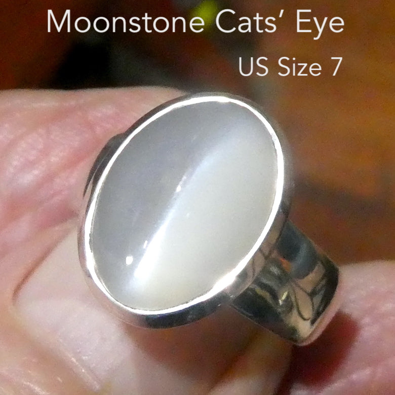 Moonstone Ring | Oval Cabochon | Polished to emphasise the cats eye chatoyancy | GUS Size 7  | Aus Size N1/2 | 925 Sterling Silver |  Cancer Libra Scorpio Stone | Genuine Gems from Crystal Heart Melbourne Australia 1986