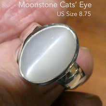 Load image into Gallery viewer, Moonstone Ring | Oval Cabochon | Polished to emphasise the cats eye chatoyancy | US Size 8.75  | Aus Size R | 925 Sterling Silver |  Cancer Libra Scorpio Stone | Genuine Gems from Crystal Heart Melbourne Australia 1986