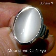 Load image into Gallery viewer, Moonstone Ring | Oval Cabochon | Polished to emphasise the cats eye chatoyancy | US Size 9  | Aus Size R1/2 | 925 Sterling Silver |  Cancer Libra Scorpio Stone | Genuine Gems from Crystal Heart Melbourne Australia 1986