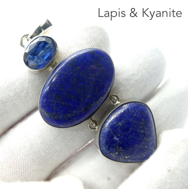 Lapis Lazuli and Kyanite Pendant  | Two cabochons with Faceted Blue Kyanite Accent above  | 925 Sterling Silver | Natural stone deep blue spangled with Gold Pyrites | Sagittarius Libra Taurus Capricorn | Meditation | Mindfulness | Inner Truth | Genuine Gems from Crystal Heart Melbourne Australia since 1986