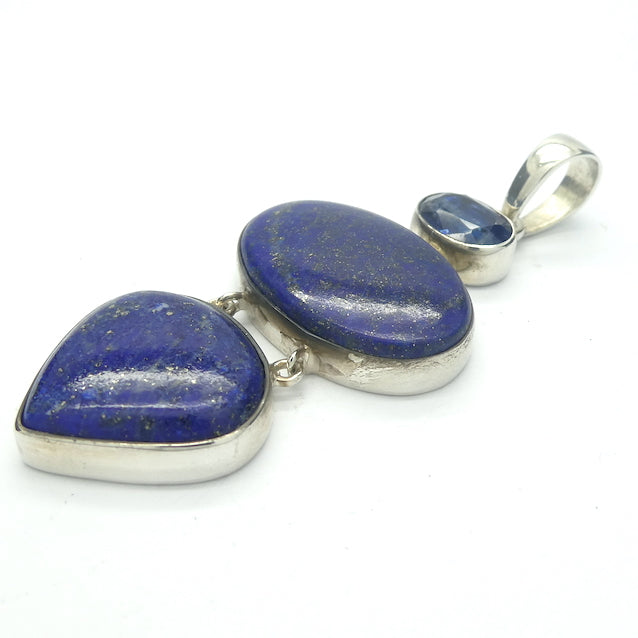 Lapis Lazuli and Kyanite Pendant  | Two cabochons with Faceted Blue Kyanite Accent above  | 925 Sterling Silver | Natural stone deep blue spangled with Gold Pyrites | Sagittarius Libra Taurus Capricorn | Meditation | Mindfulness | Inner Truth | Genuine Gems from Crystal Heart Melbourne Australia since 1986