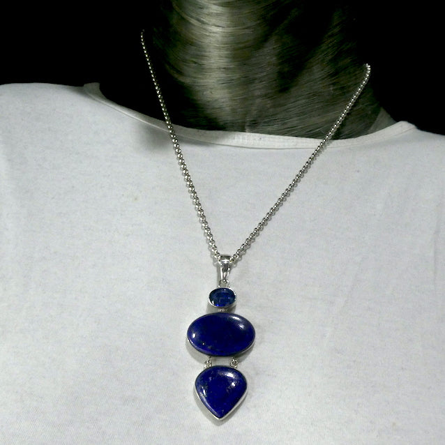 Lapis Lazuli and Kyanite Pendant  | Two cabochons with Faceted Blue Kyanite Accent above  | 925 Sterling Silver | Natural stone deep blue spangled with Gold Pyrites | Sagittarius Libra Taurus Capricorn | Meditation | Mindfulness | Inner Truth | Genuine Gems from Crystal Heart Melbourne Australia since 1986