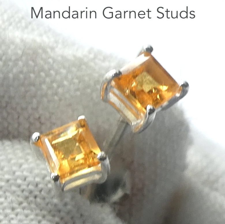 Genuine Mandarin Garnet Stud Earrings | Dainty Faceted Squares | 925 Sterling Silver | Prosperity, Creativity & Joy | Genuine Gems from Crystal Heart Melbourne Australia since 1986