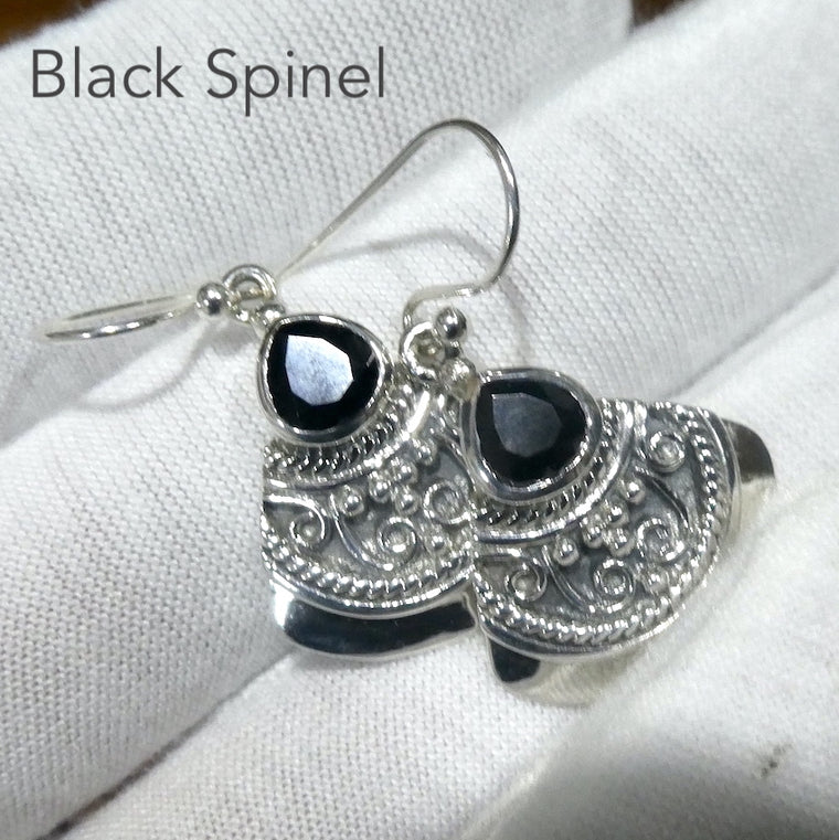 Black Spinel Earrings, Teardrop Facets in Ornate 925 Silver Fan, ks1