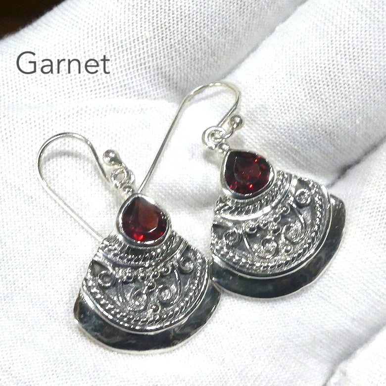 Garnet Earrings | bright Red Teardrop Facets | Ornate Silver Fan | Elegant Style | 925 Sterling Silver | Genuine Gems from Crystal Heart Melbourne Australia since 1986