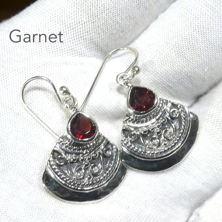 Garnet Earrings, Teardrop Facets in Ornate 925 Silver Fan, ks1