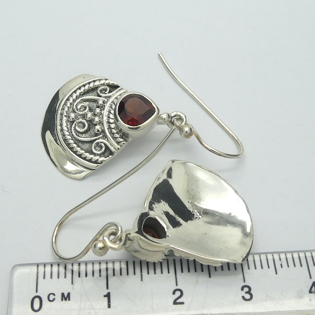Garnet Earrings | bright Red Teardrop Facets | Ornate Silver Fan | Elegant Style | 925 Sterling Silver | Genuine Gems from Crystal Heart Melbourne Australia since 1986