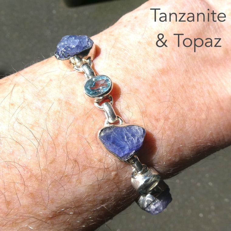 Tanzanite Bracelet, Raw Nuggets & Faceted Blue Topaz, 925 Silver, ks6