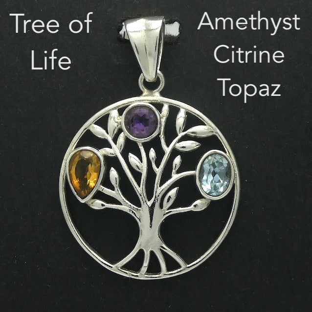 Stylised Tree of Life  set in  925 Sterling Silver  Circle | Faceted Amethyst Citrine Blue Topaz | Genuine Gems from Crystal Heart Melbourne Australia since 1986
