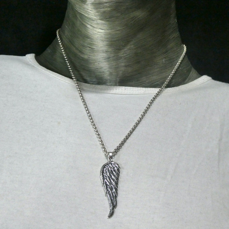 Angel Wing Pendant | Long Elegant Styling | beautifully executed detail | Reversible | 925 Oxidised Sterling Silver | Crystal Heart Melbourne Australia since 1986