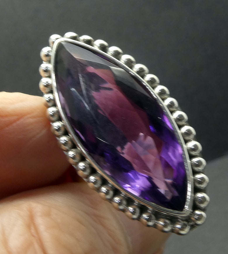 Amethyst Ring | Large Faceted Marquis | Flawless AA grade deep purple | 925 Sterling Silver | Silver ball work around stone | US Size 9.25 | AUS Size Q | Genuine Gems from Crystal Heart Australia since 1986