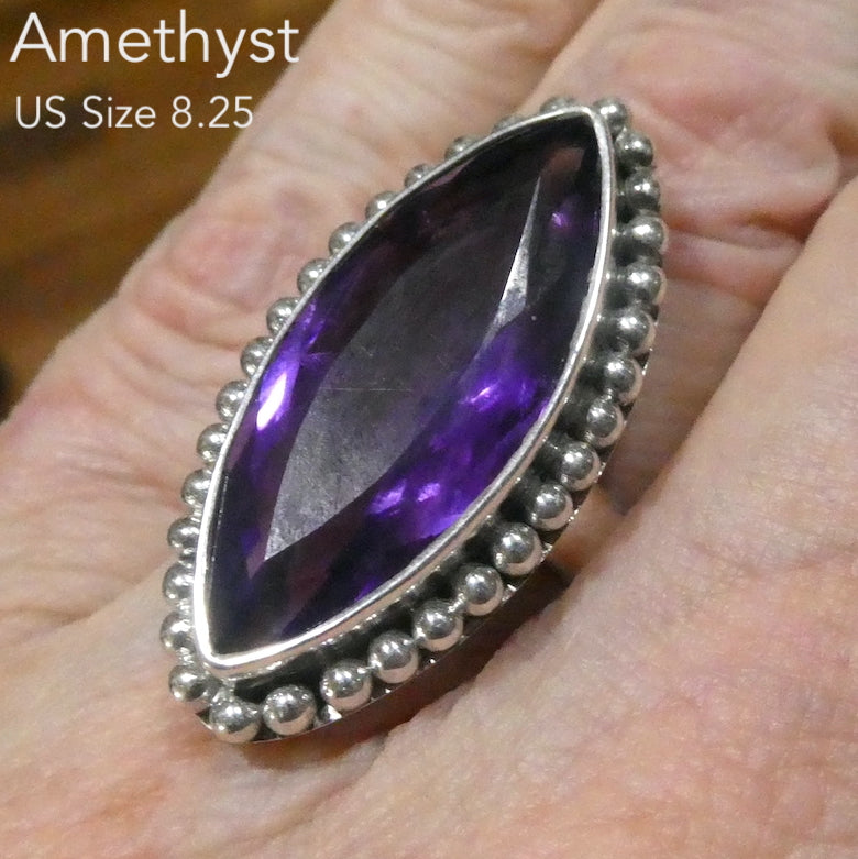 Amethyst Ring | Large Faceted Marquis | Flawless AA grade deep purple | 925 Sterling Silver | Silver ball work around stone | US Size 9.25 | AUS Size Q | Genuine Gems from Crystal Heart Australia since 1986