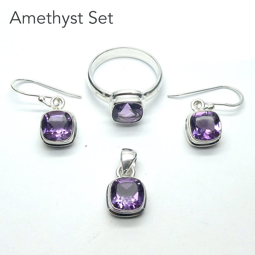 Amethyst Set | Faceted Square Stones | Earrings, Pendant, Ring | 925 Sterling Silver | Ring Size US 7 or 9 | Genuine Gems from Crystal Heart Australia since 1986