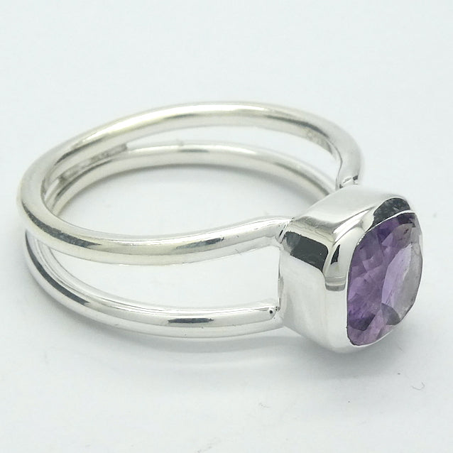 Amethyst Ring | Faceted Square Stone | Double Band | 925 Sterling Silver  | US Size 10 | AUS Size T1/2 | Genuine Gems from Crystal Heart Australia since 1986