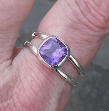 Load image into Gallery viewer, Amethyst Ring | Faceted Square Stone | Double Band | 925 Sterling Silver  | US Size 10 | AUS Size T1/2 | Genuine Gems from Crystal Heart Australia since 1986