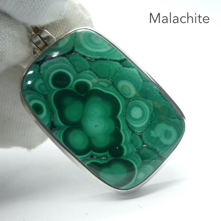 Malachite Pendant, Oblong Cabochon, 925 Silver, g1