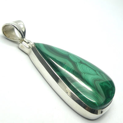 Malachite Pendant | Triangle Cabochon | 925 Silver | Strong Bezel Setting | open back | Shaped and Hinged Bail | Congo | Strong Markings |  Organic Rondels & Banding | Genuine Gems from Crystal Heart Melbourne Australia since 1986
