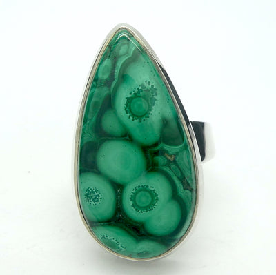 Malachite Ring | Large Teardrop Cabochon | Strong Bezel Setting |  Open Backed | Wide Band | 925 Sterling Silver |  US Size Adjustable 7 to 9 | Detox, Feminine Power, Healing Nature | Capricorn Scorpio | Genuine Gems from Crystal Heart Melbourne Australia since 1986