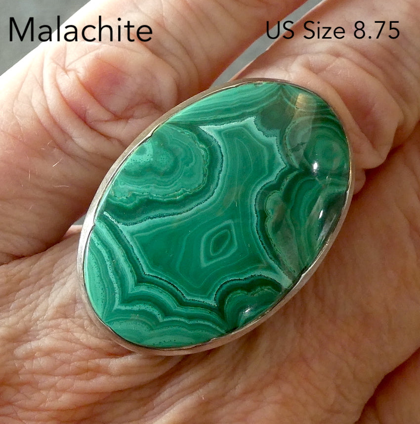 Malachite Ring | Large Oval Cabochon | Strong Bezel Setting |  Open Backed | Wide Band | 925 Sterling Silver |  US Size 8.75 | AUS Size R | Detox, Feminine Power, Healing Nature | Capricorn Scorpio | Genuine Gems from Crystal Heart Melbourne Australia since 1986