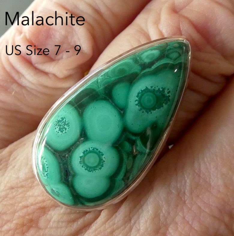 Malachite Ring | Large Teardrop Cabochon | Strong Bezel Setting |  Open Backed | Wide Band | 925 Sterling Silver |  US Size Adjustable 7 to 9 | Detox, Feminine Power, Healing Nature | Capricorn Scorpio | Genuine Gems from Crystal Heart Melbourne Australia since 1986